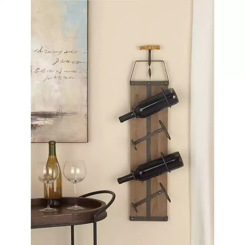 Porte-bouteilles mural en bois style industriel marron