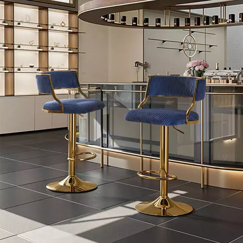 Tabouret de bar réglable en velours côtelé crème avec base dorée