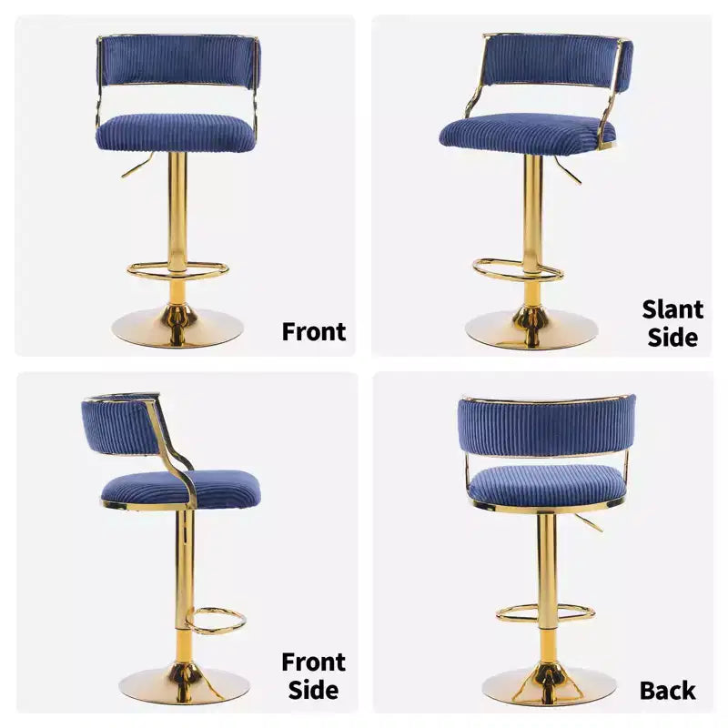 Tabouret de bar réglable en velours côtelé crème avec base dorée