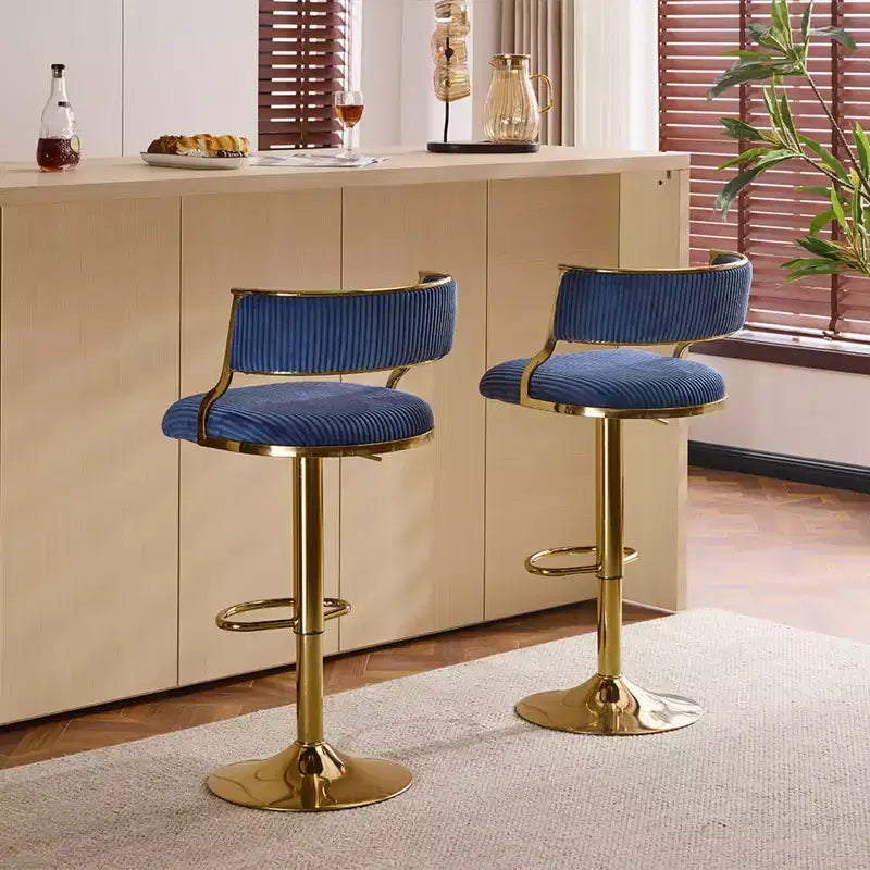 Tabouret de bar réglable en velours côtelé crème avec base dorée