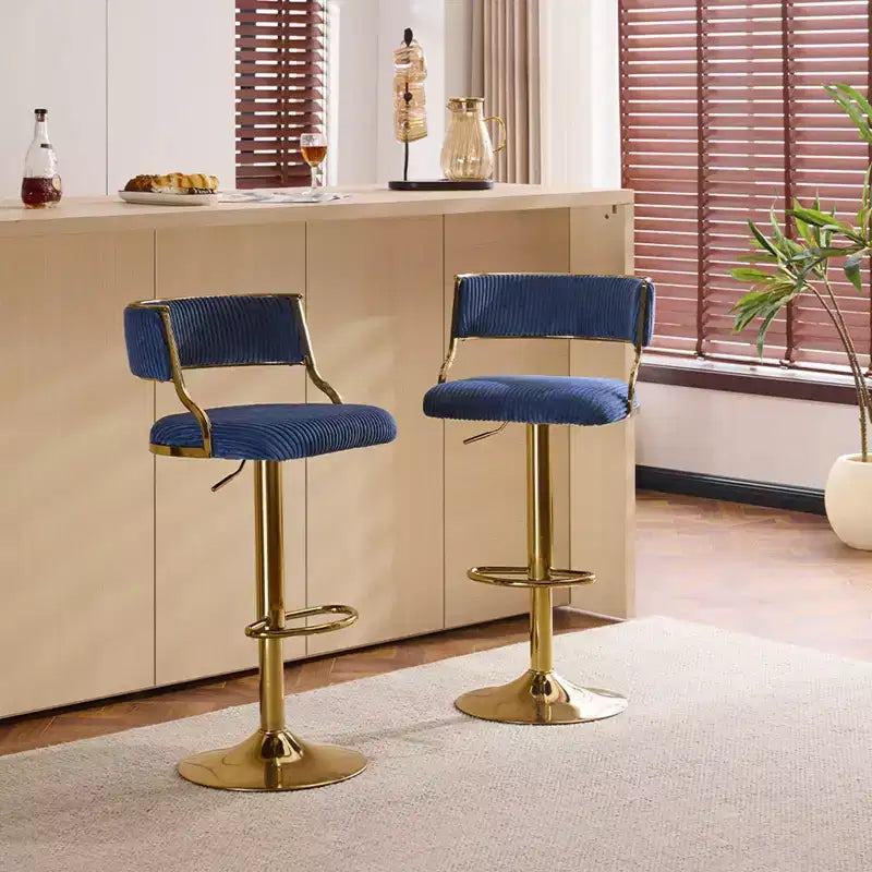 Tabouret de bar réglable en velours côtelé crème avec base dorée
