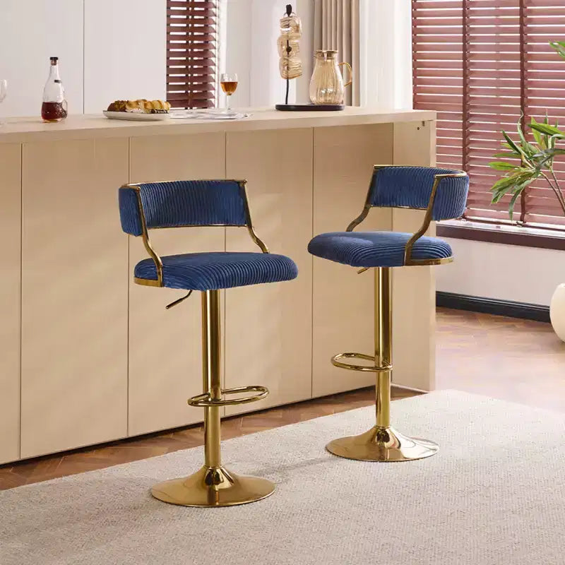Tabouret de bar réglable en velours côtelé crème avec base dorée