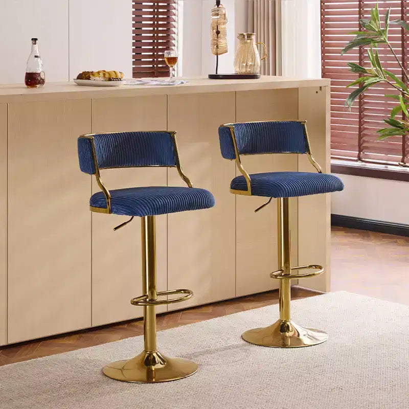 Tabouret de bar réglable en velours côtelé crème avec base dorée