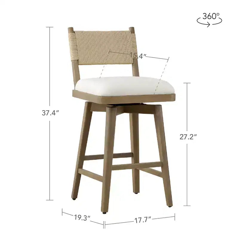 Tabouret de bar pivotant à hauteur de comptoir avec dossier tressé et structure en bois, naturel
