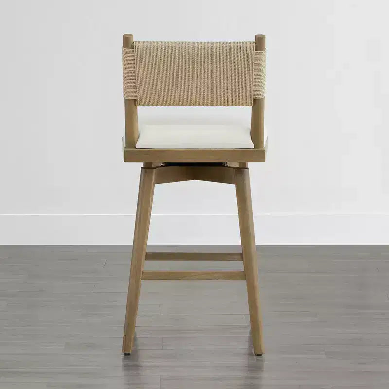 Tabouret de bar pivotant à hauteur de comptoir avec dossier tressé et structure en bois, naturel
