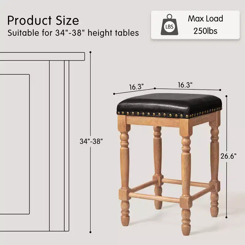 Tabourets de bar en bois massif avec assise en cuir huilé ciré classique, sans dossier, hauteur comptoir