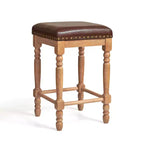 Tabourets de bar en bois massif avec assise en cuir huilé ciré classique, sans dossier, hauteur comptoir
