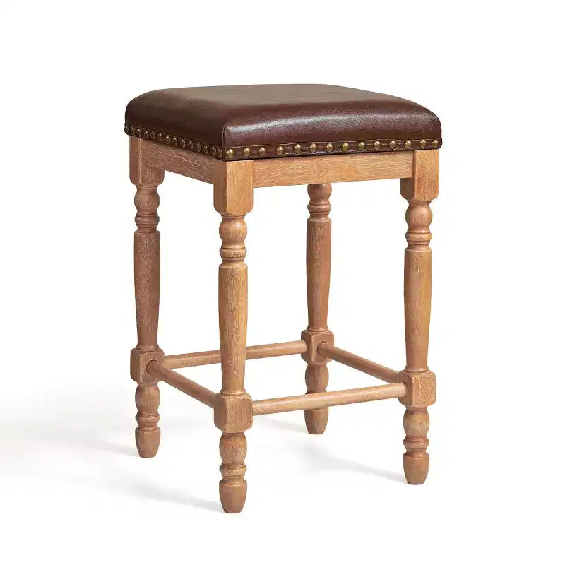 Tabourets de bar en bois massif avec assise en cuir huilé ciré classique, sans dossier, hauteur comptoir
