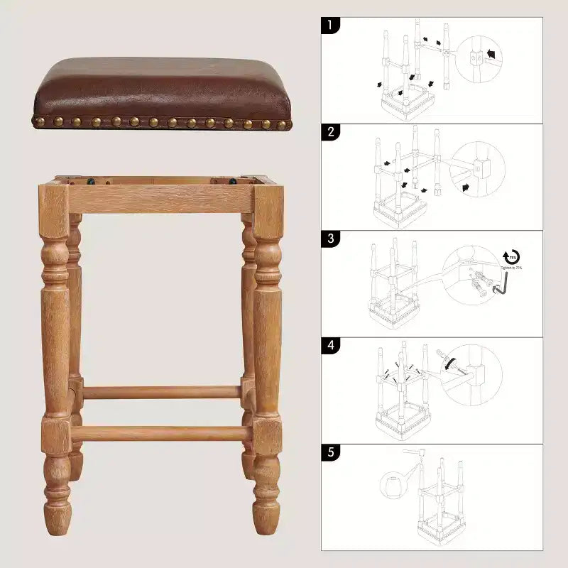 Tabourets de bar en bois massif avec assise en cuir huilé ciré classique, sans dossier, hauteur comptoir