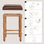 Tabourets de bar en bois massif avec assise en cuir huilé ciré classique, sans dossier, hauteur comptoir