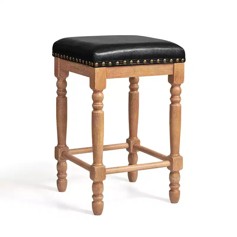 Tabourets de bar en bois massif avec assise en cuir huilé ciré classique, sans dossier, hauteur comptoir