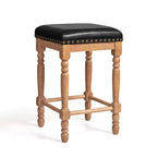 Tabourets de bar en bois massif avec assise en cuir huilé ciré classique, sans dossier, hauteur comptoir