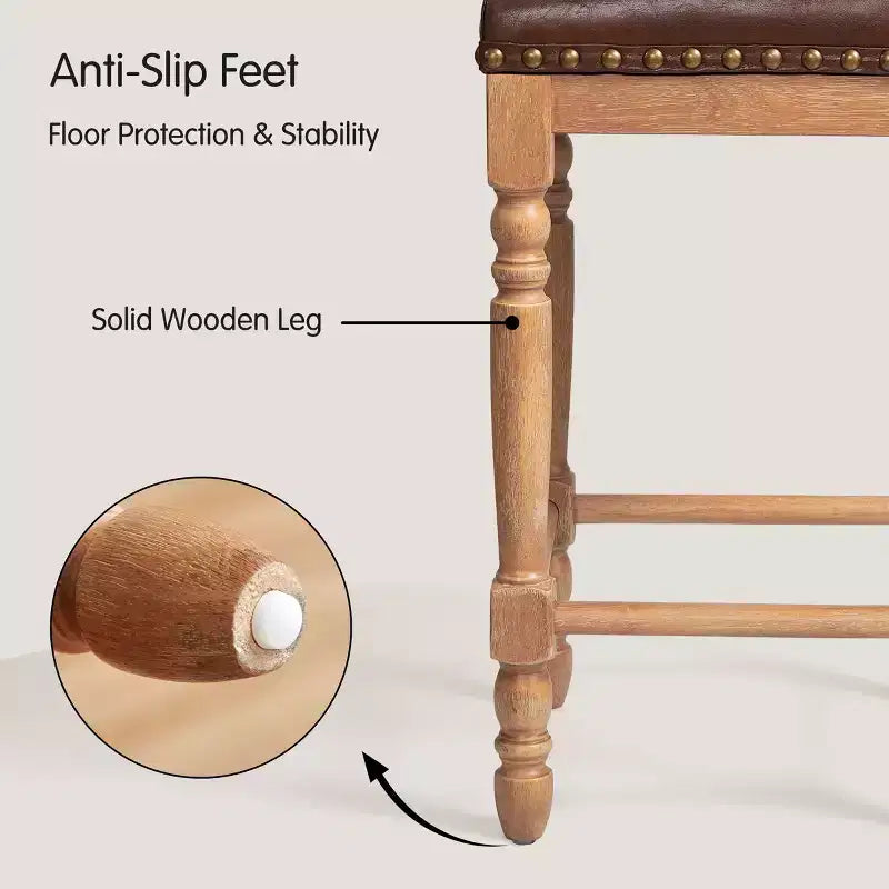 Tabourets de bar en bois massif avec assise en cuir huilé ciré classique, sans dossier, hauteur comptoir