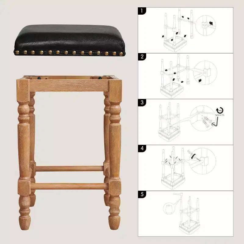 Tabourets de bar en bois massif avec assise en cuir huilé ciré classique, sans dossier, hauteur comptoir