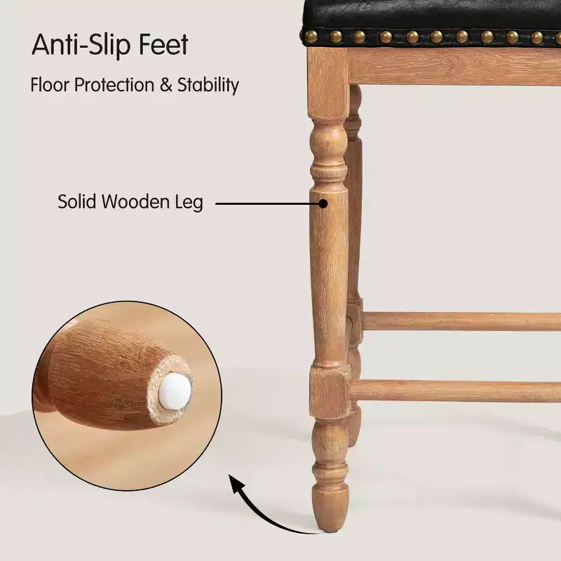Tabourets de bar en bois massif avec assise en cuir huilé ciré classique, sans dossier, hauteur comptoir