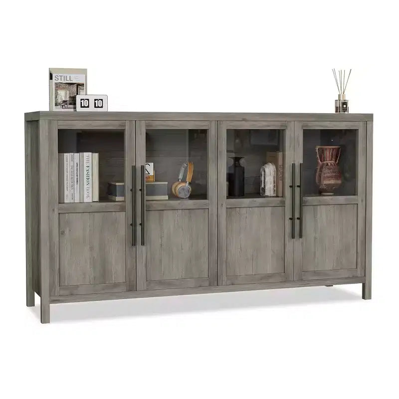 55 Inch Sideboard Buffet Cabinet with 4 Glass Doors Large Buffet Cabinet with Storage Modern Farmhouse Cabinet for Kitchen Dining Room Living Room