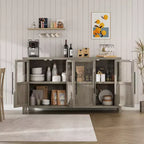 Buffet Bahut de 140 cm avec 4 Portes Vitrées Grand Buffet avec Rangement Meuble de Rangement Style Ferme Moderne pour Cuisine Salle à Manger Salon