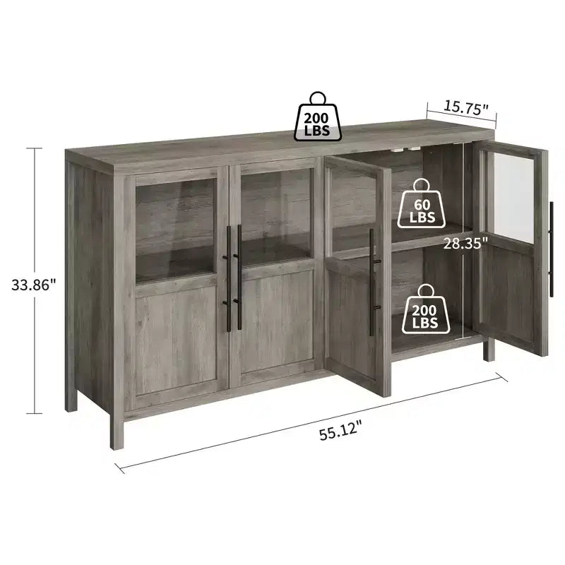 Buffet Bahut de 140 cm avec 4 Portes Vitrées Grand Buffet avec Rangement Meuble de Rangement Style Ferme Moderne pour Cuisine Salle à Manger Salon