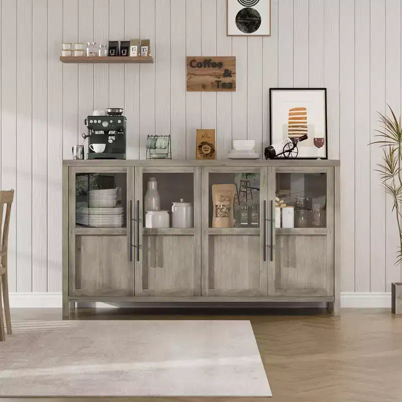 Buffet Bahut de 140 cm avec 4 Portes Vitrées Grand Buffet avec Rangement Meuble de Rangement Style Ferme Moderne pour Cuisine Salle à Manger Salon