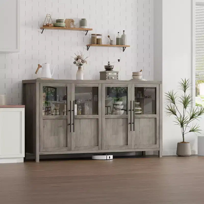 Buffet Bahut de 140 cm avec 4 Portes Vitrées Grand Buffet avec Rangement Meuble de Rangement Style Ferme Moderne pour Cuisine Salle à Manger Salon