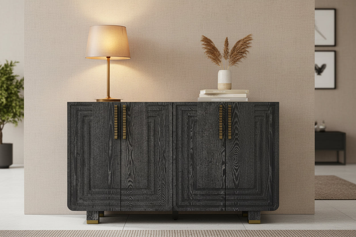 54 Inch Retro Buffet Cabinet with 4 Doors and Adjustable Shelves Vintage Fluted Sideboard for Dining Room Kitchen or Living Room,Black