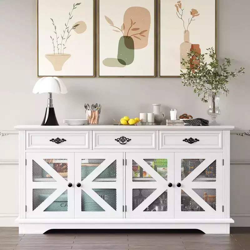 TROPOW 63 White Farmhouse Sideboard Buffet Cabinet C Storage Cupboard with Charging Station, 3 Drawers & 4 Mesh Doors for Living Room/Kitchen
