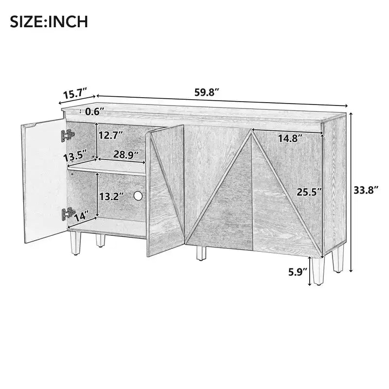 Buffet Rétro de 152 cm avec 4 Portes et 4 Étagères