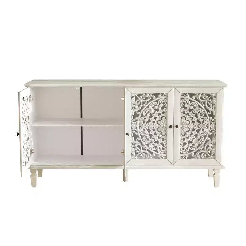 Bahut de 152 cm avec sculptures florales, 4 portes et 2 étagères