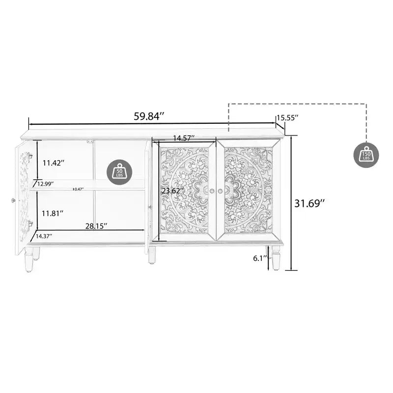 Bahut de 152 cm avec sculptures florales, 4 portes et 2 étagères