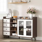 Buffet bahut de 140 cm, meuble de bar moderne avec portes en verre et 4 tiroirs, table console de cuisine en bois, meuble de rangement d'appoint