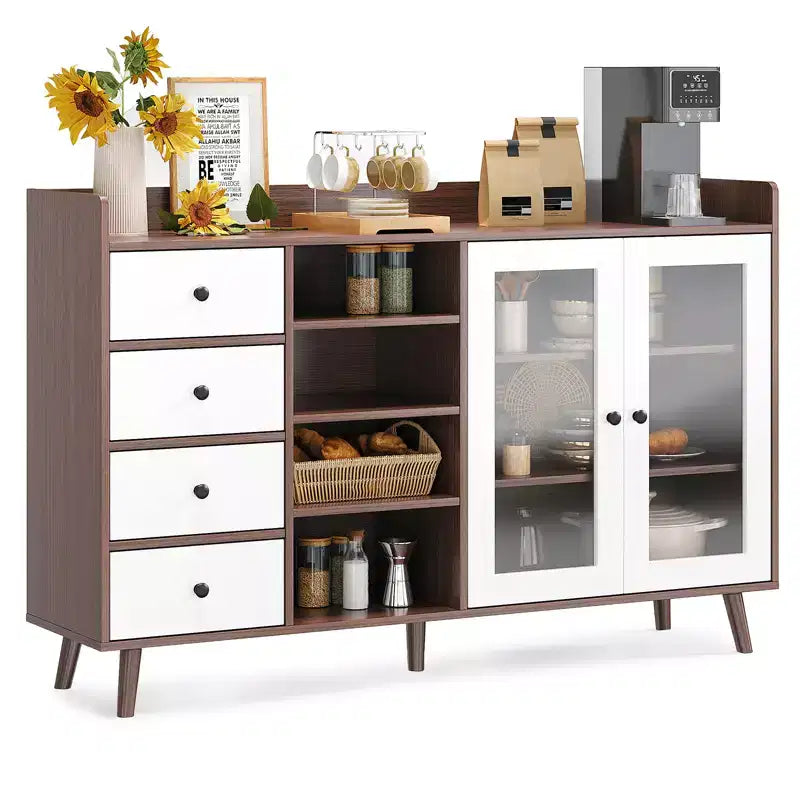 Buffet bahut de 140 cm, meuble de bar moderne avec portes en verre et 4 tiroirs, table console de cuisine en bois, meuble de rangement d'appoint