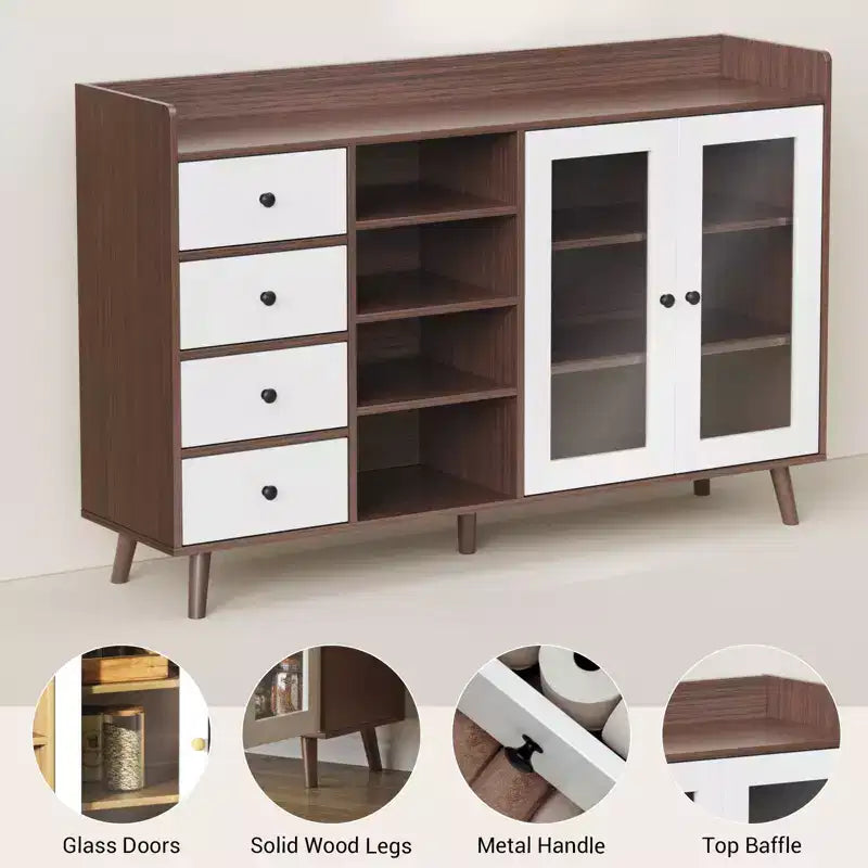 Buffet bahut de 140 cm, meuble de bar moderne avec portes en verre et 4 tiroirs, table console de cuisine en bois, meuble de rangement d'appoint