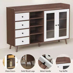 Buffet bahut de 140 cm, meuble de bar moderne avec portes en verre et 4 tiroirs, table console de cuisine en bois, meuble de rangement d'appoint