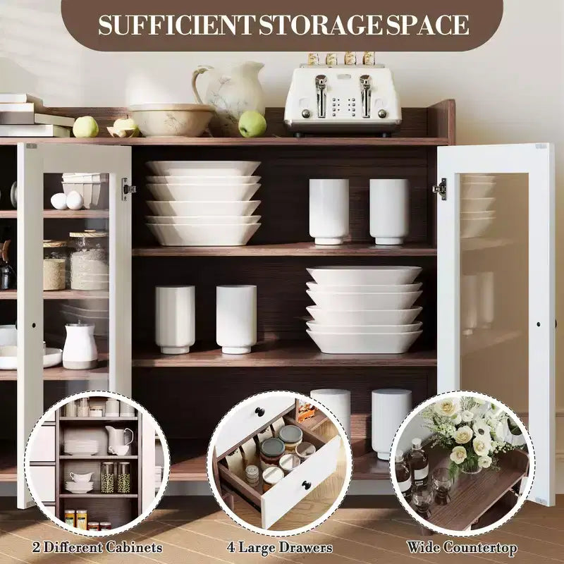 Buffet bahut de 140 cm, meuble de bar moderne avec portes en verre et 4 tiroirs, table console de cuisine en bois, meuble de rangement d'appoint