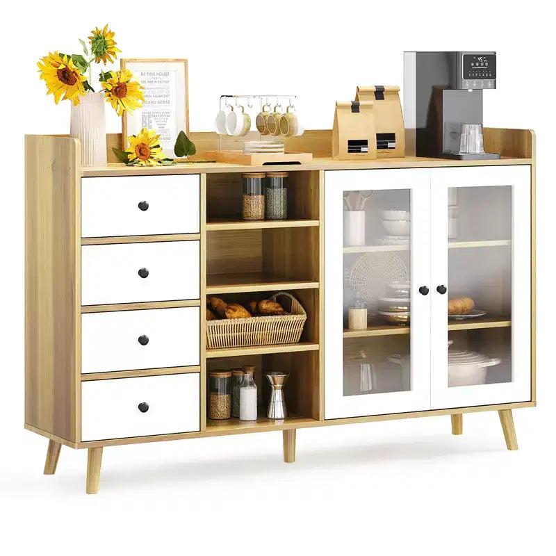 Buffet bahut de 140 cm, meuble de bar moderne avec portes en verre et 4 tiroirs, table console de cuisine en bois, meuble de rangement d'appoint