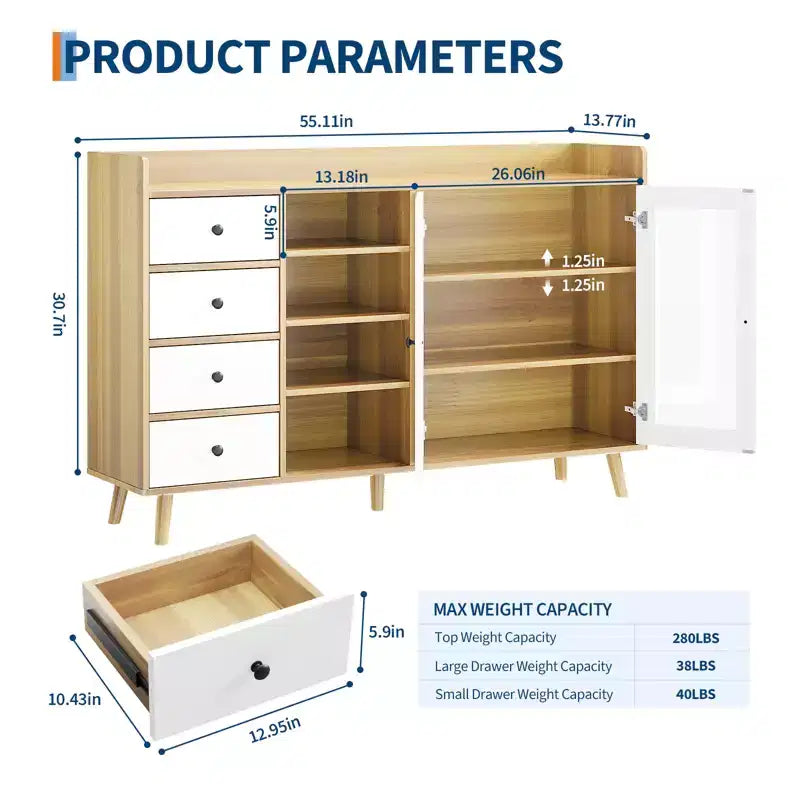 Buffet bahut de 140 cm, meuble de bar moderne avec portes en verre et 4 tiroirs, table console de cuisine en bois, meuble de rangement d'appoint