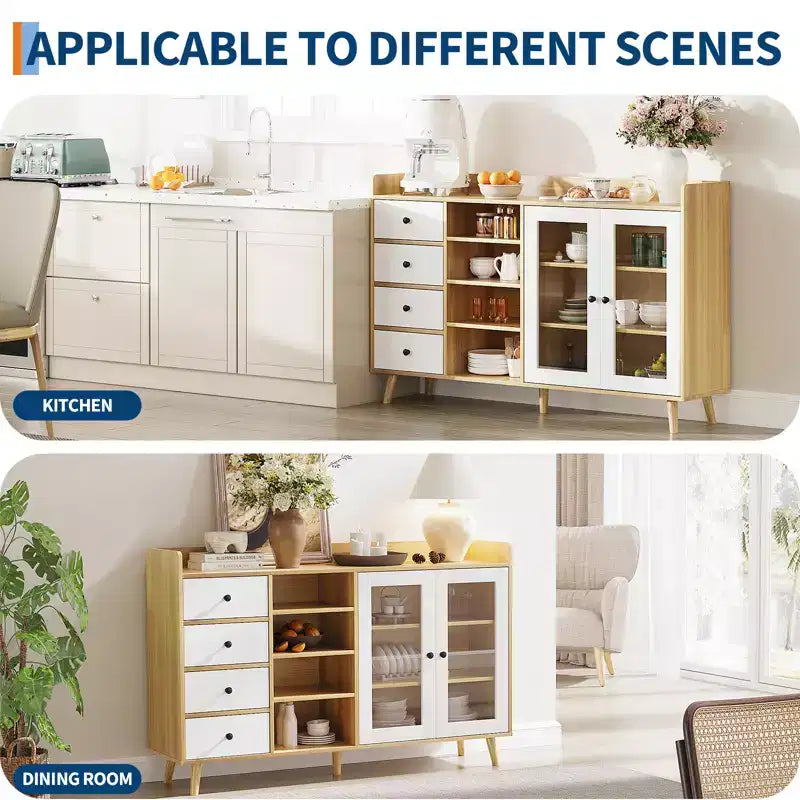 Buffet bahut de 140 cm, meuble de bar moderne avec portes en verre et 4 tiroirs, table console de cuisine en bois, meuble de rangement d'appoint