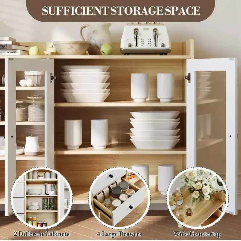 Buffet bahut de 140 cm, meuble de bar moderne avec portes en verre et 4 tiroirs, table console de cuisine en bois, meuble de rangement d'appoint