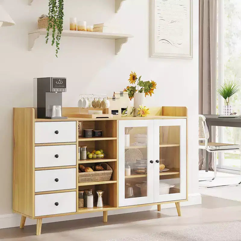 Buffet bahut de 140 cm, meuble de bar moderne avec portes en verre et 4 tiroirs, table console de cuisine en bois, meuble de rangement d'appoint