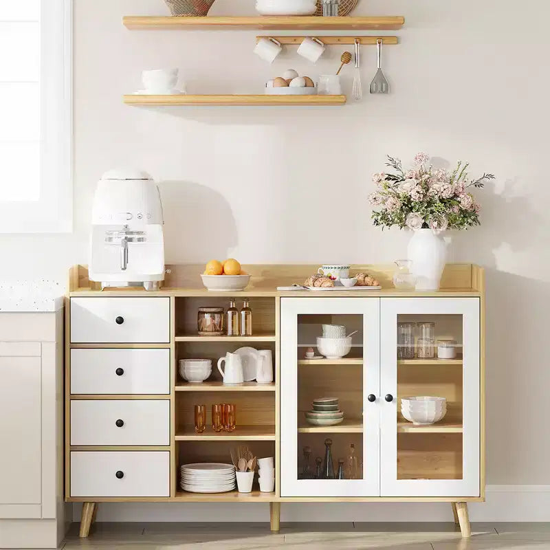 55'' Sideboard Buffet Cabinet, Modern Coffee Bar Cabinet with Glass Doors and 4 Drawers, Wood Kitchen Console Table, Accent Storage Cabinet