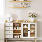 55'' Sideboard Buffet Cabinet, Modern Coffee Bar Cabinet with Glass Doors and 4 Drawers, Wood Kitchen Console Table, Accent Storage Cabinet