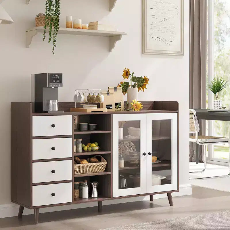 Buffet bahut de 140 cm, meuble de bar moderne avec portes en verre et 4 tiroirs, table console de cuisine en bois, meuble de rangement d'appoint