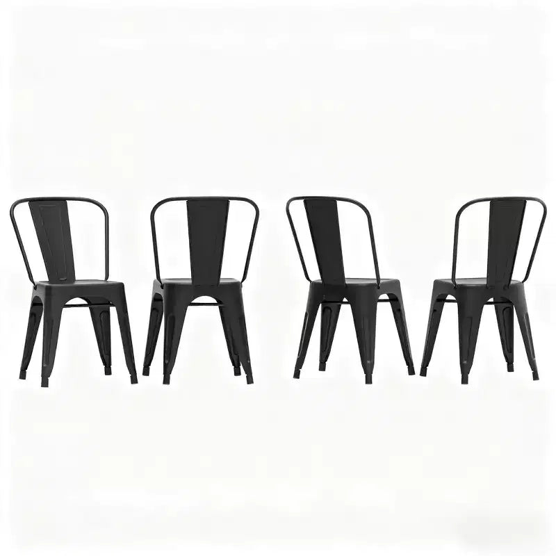4 chaises en métal noir avec assise perforée et dossiers incurvés