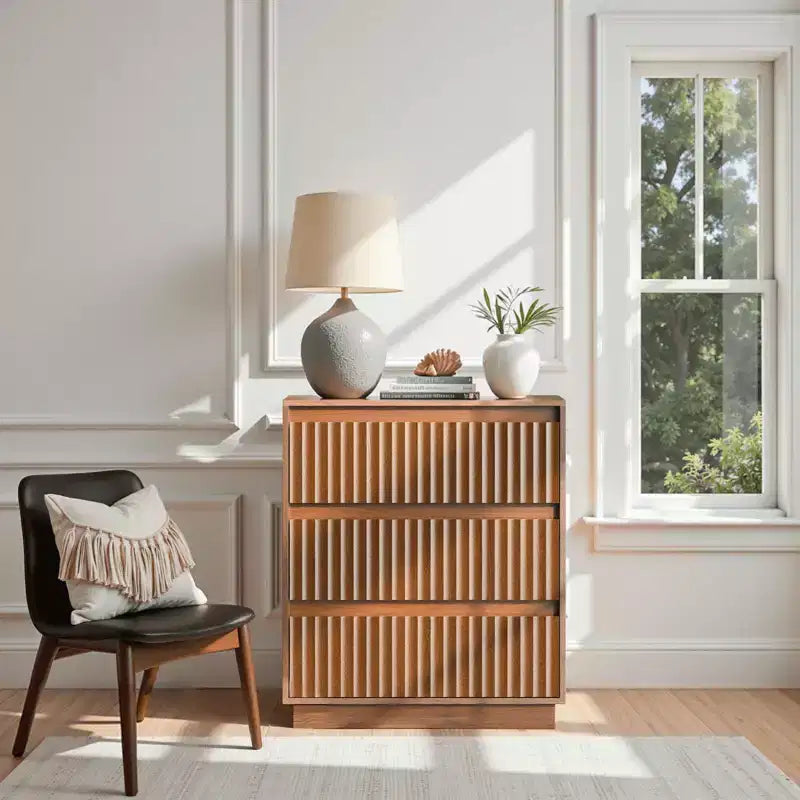 Commode à 3 tiroirs de 27,5 po de large avec panneau cannelé ondulé