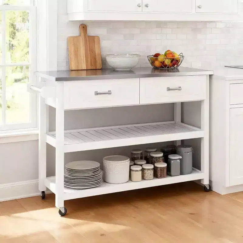 Homy Casa Modern Kitchen Island Cart with Stainless Steel Top, Drawers, Shelves and Wheels, for Kitchen or Dining Space, White
