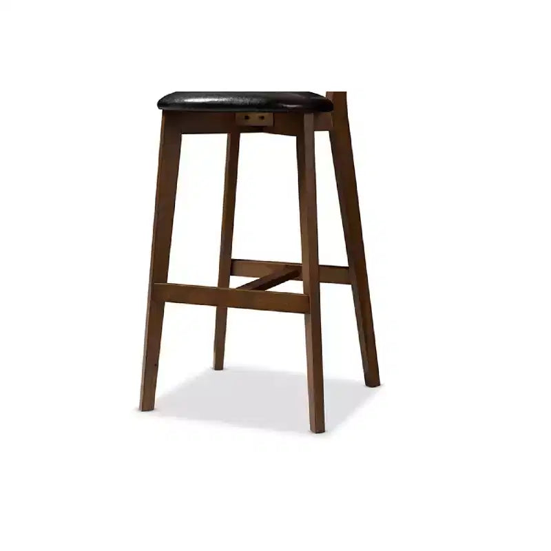 Tabouret de bar Eline en similicuir noir style Mid-Century Modern avec finition noyer