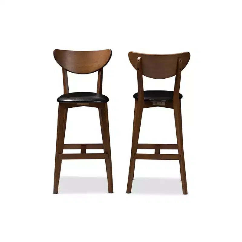 Tabouret de bar Eline en similicuir noir style Mid-Century Modern avec finition noyer