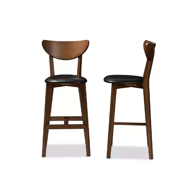 Tabouret de bar Eline en similicuir noir style Mid-Century Modern avec finition noyer