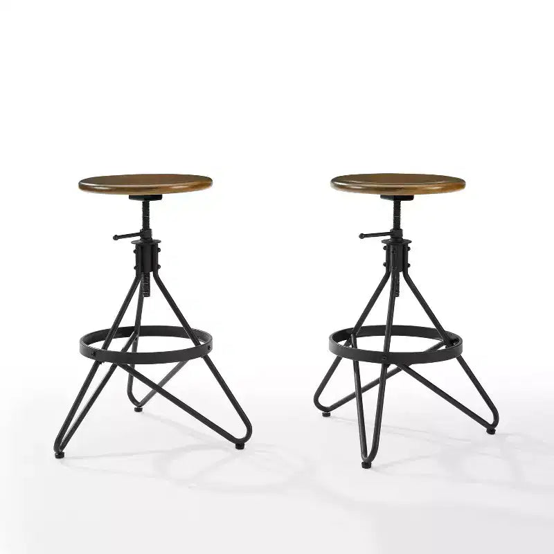 Crosley Set of 2 Kalen Adjustable Height Swivel Barstools Brown/Matte Black : Steel Frame, Industrial Farmhouse Style