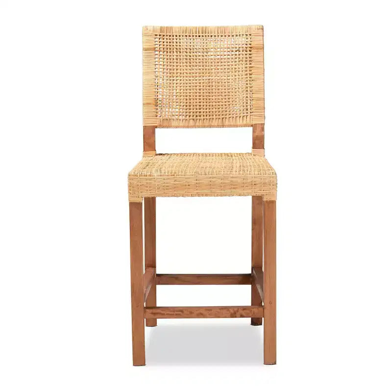 Tabouret de bar à hauteur de comptoir Lesia en rotin et bois, naturel/noyer
